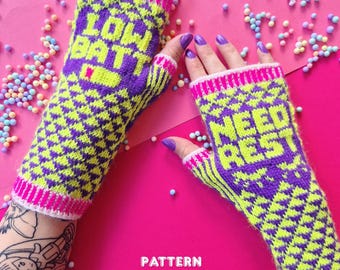 Low Batt / Need Rest Mittens Knitting Pattern | Colorwork Mittens | Funny Knit
