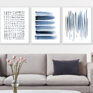 Blue Watercolor Art, Set of 3 Art, Navy Blue Art, Stripes Wall Art, Dots Wall Art, Minimal Set of 3, 3 Prints Set, Modern Navy Blue Art