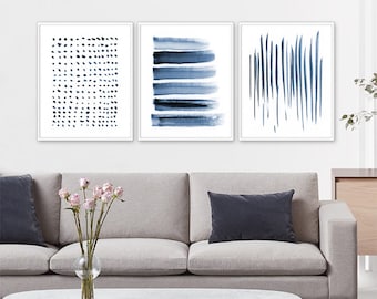 Blue Watercolor Art, Set of 3 Art, Navy Blue Art, Stripes Wall Art, Dots Wall Art, Minimal Set of 3, 3 Prints Set, Modern Navy Blue Art