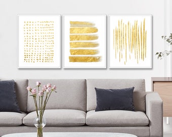 Gold Modern Art, Set of 3 Gold, Gold Art, Stripes Wall Art, Dots Wall Art, Minimal Set of 3, 3 Prints Set, Modern Gold Art, Gold Decor, Gold