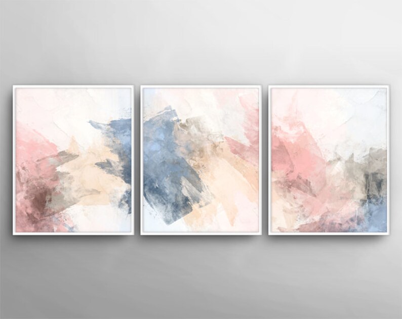 Blush Pink Decor Blush Pink Blue Wall Art 3 Poster Set Etsy