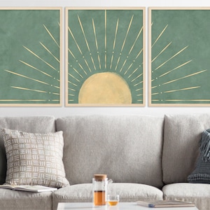 Boho Set of 3,Green Wall Art,Bohemian Sun Wall Art,Boho Wall Art,Rising Sun Boho,Wall Art, Boho Printable, Boho Decor, Bedroom Wall Art