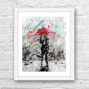 Abstract Art , Couple Art, Love Art, Black n White Art, Red Umbrella, Umbrella Art, Wall Art, Couple Kissing, Couple Rain City,Abstract love
