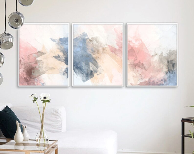 Blush Pink Decor Blush Pink Blue Wall Art 3 Poster Set Etsy