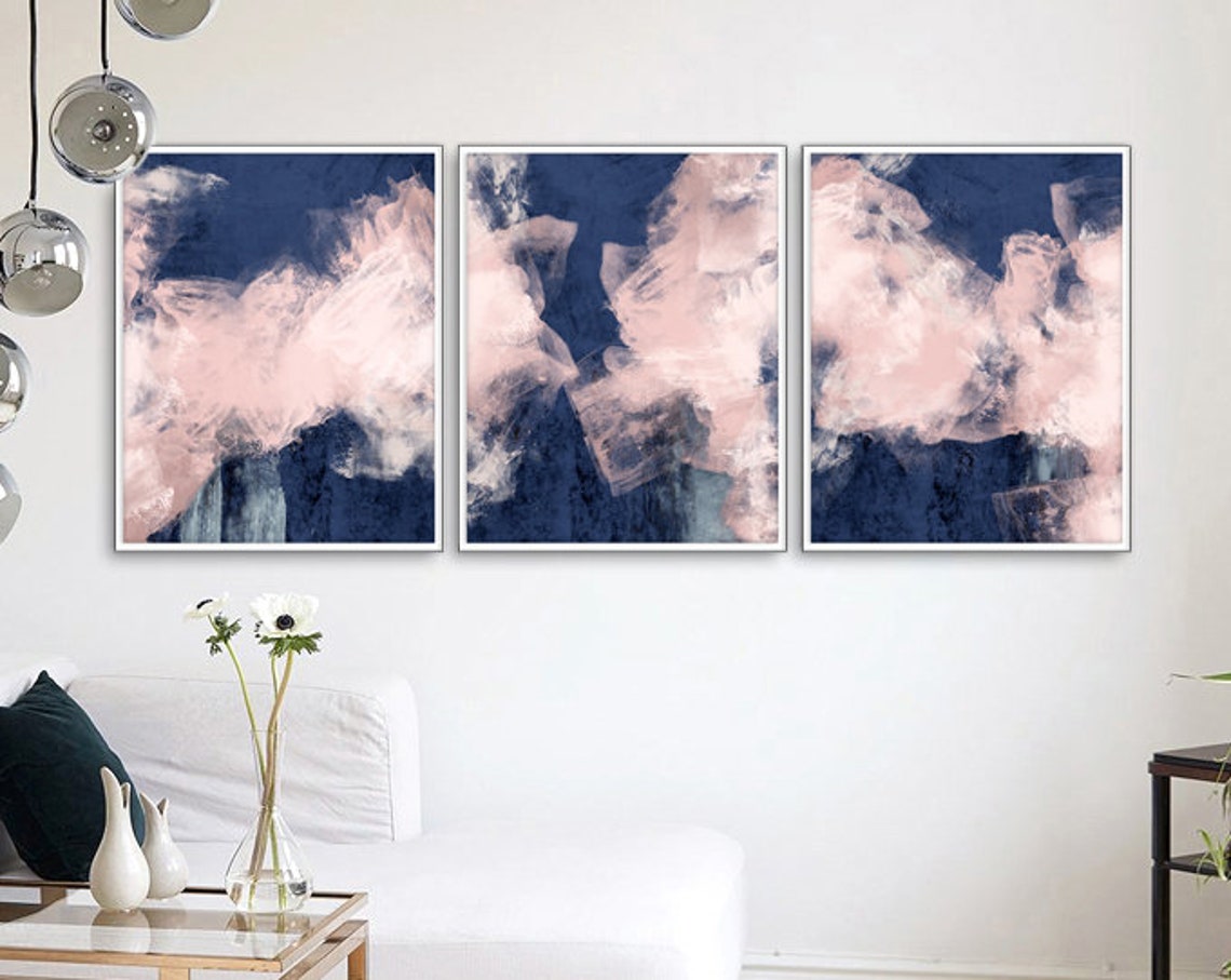 Blush Pink Blue Wall Art Bedroom Poster Set Set of 3 Blash Etsy