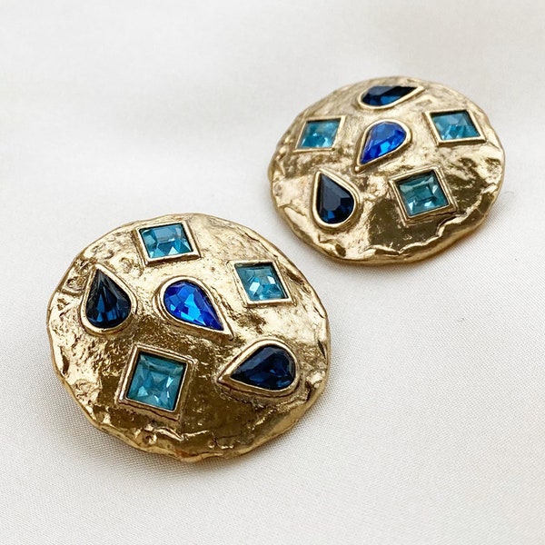 YVES SAINT LAURENT vintage made in France goldplated round clip on earrings clip ons with blue rhinestones and gold ysl