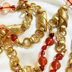 JACQUES FATH vintage goldplated long necklace in gold and rosé glass beads with gold chain signed Paris