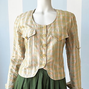 CHRISTIAN LACROIX BAZAR vintage cropped plaid silk jacket blazer from plaid silk size eu 38 in pastel pink and green
