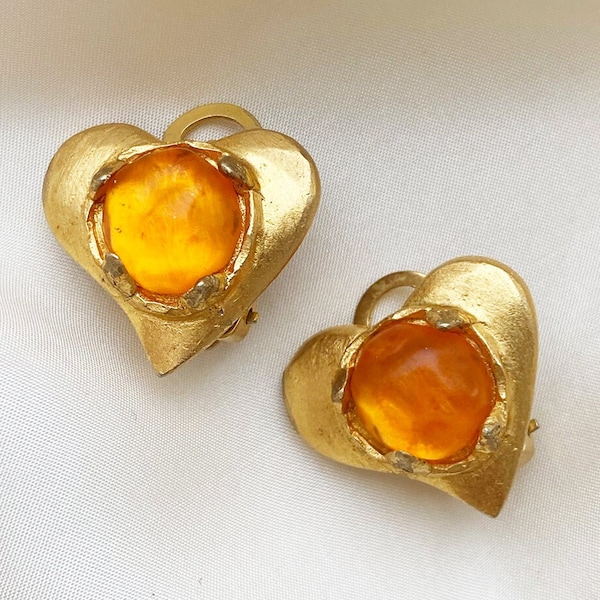 EDOUARD RAMBAUD Paris vintage goldplated gold clip on earrings with orange glass stones heart shaped clip ons from France