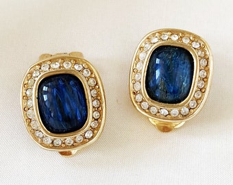GROSSE vintage goldplated clip on earrings with large blue gripoix glass stones and rhinestones Henkel and Grossé clip ons