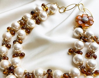 ValentinO collier de perles vintage avec belle serrure avec coffret collier perles et perles dorées marron et blanc cassé