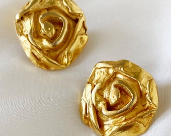 LOOLA, PARIS vintage goldplated round brutalist clip on earrings made in France gold clip ons designervintage brutalist