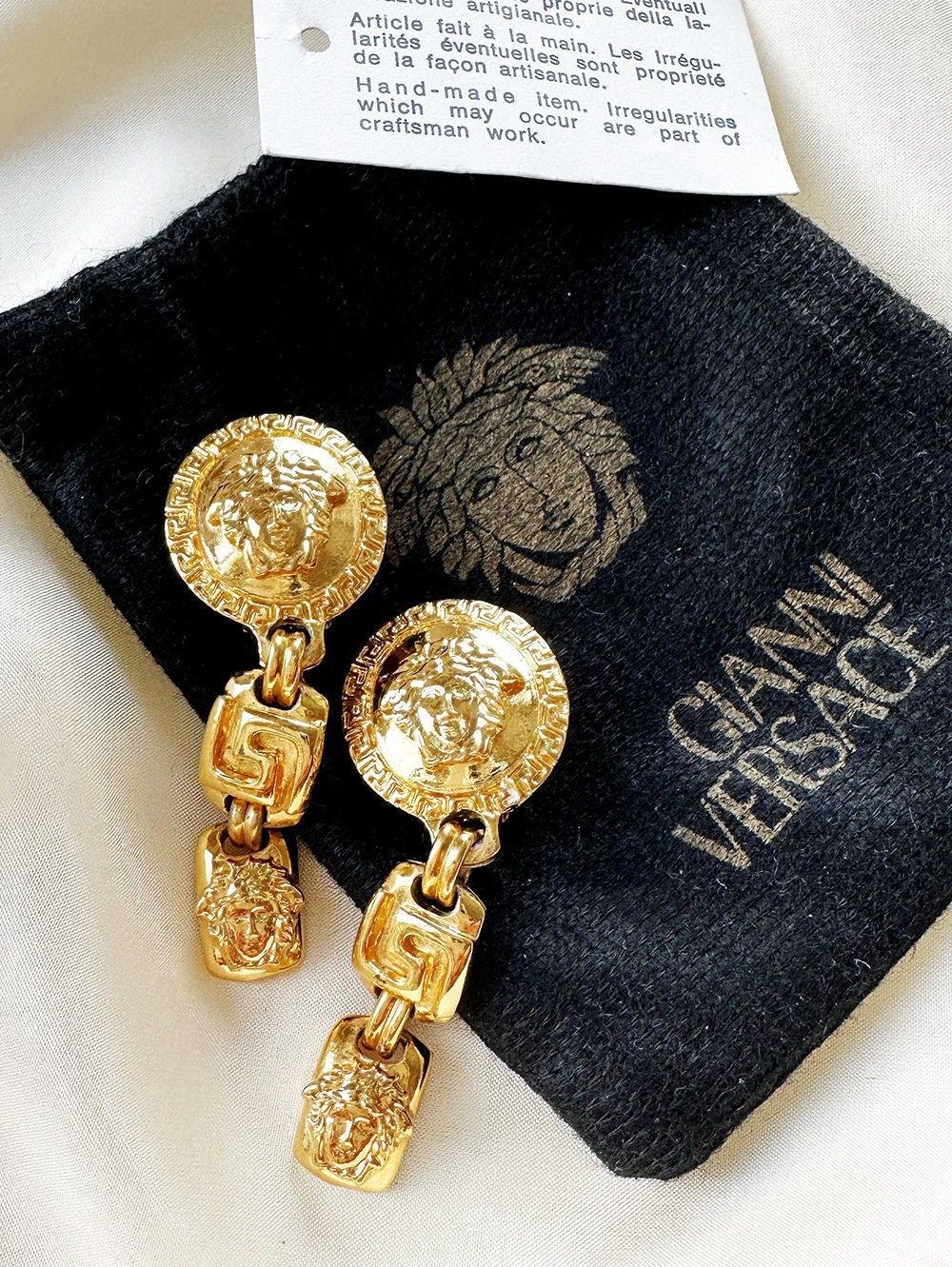 1990s Gianni Versace Costume Gold Square Rhinestone Clip on Earrings