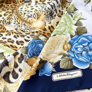 SALVATORE FERRAGAMO Vintage square silk scarf with leopards silk shawl signed designer