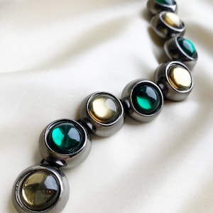 YVES SAINT LAURENT vintage bracelet in black silver with green and yellow gripoix glass stones Made in France ysl
