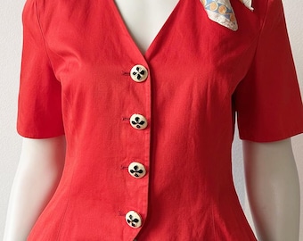 Blazer vintage Escada Couture talla 40 | Chaqueta de algodón rojo bermellón brillante | Blazer tipo blusa de diseñador entallado | Estilo vintage chic francés