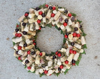 Christmas Cranberry & Greenery Wine Cork Wreath 12-14"