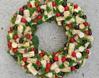 Christmas Cranberry and Moss Wine Cork Wreath 12-14"