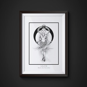 May include: Black and white illustration of Lilith, the Queen of the Succubus, with an owl head and a crown. She is standing with her arms outstretched, surrounded by a circle.