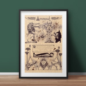 Peut inclure: Une illustration de style vintage de la déesse égyptienne Ammit, représentée comme une créature avec une tête de crocodile, un corps de lion et des pattes arrière d'hippopotame. L'illustration comprend divers symboles et images associés à la mythologie égyptienne antique.