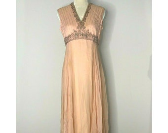 Vintage 70s Beaded Formal Gown S Pink Sleeveless Chiffon Rhinestones For Repair