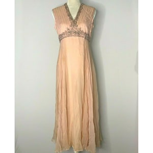 Vintage 70s Beaded Formal Gown S Pink Sleeveless Chiffon Rhinestones For Repair
