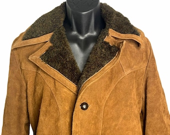 Vintage jaren 70 Sears leren jas van imitatiebont 40 lange bruine zakken met knopen, gevoerd