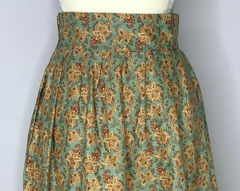 Vintage Handmade Paisley Maxi Skirt S Green Brown High Waist Pleated Side Zip