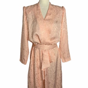 Vintage Surplice Faux Wrap Dress L Pink Shoulder Pad Belt Puff Sleeve Union Made