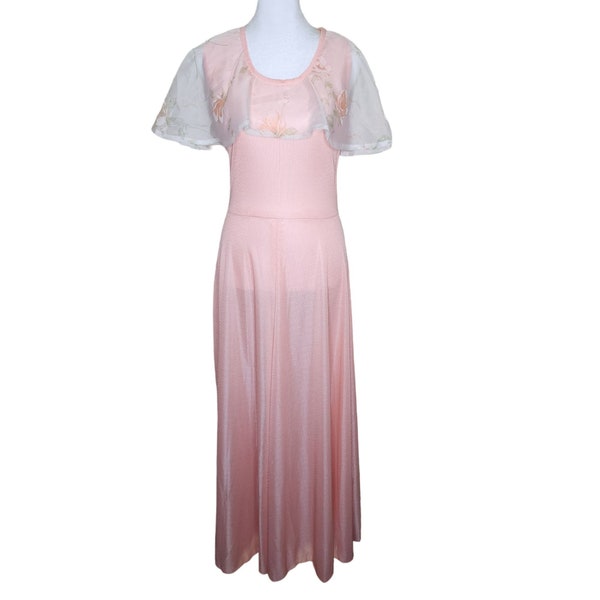 Vintage 70s Maxi Dress Sheer Capelet Womens Size L Peach Pink Floral Garden Party