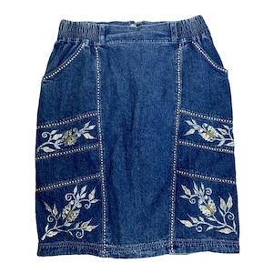 Vintage 80s Studded Denim Skirt M Med Wash Embroidered Pockets Snap