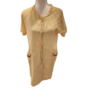 Vintage 70s Yellow White Striped Housecoat House Dress Seersucker