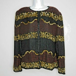 Lawrence Kazar Vintage Beaded Sequined Black Gold Red Silk Blazer Jacket Size M