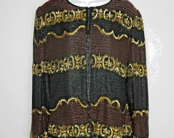 Lawrence Kazar Vintage Beaded Sequined Black Gold Red Silk Blazer Jacket Size M