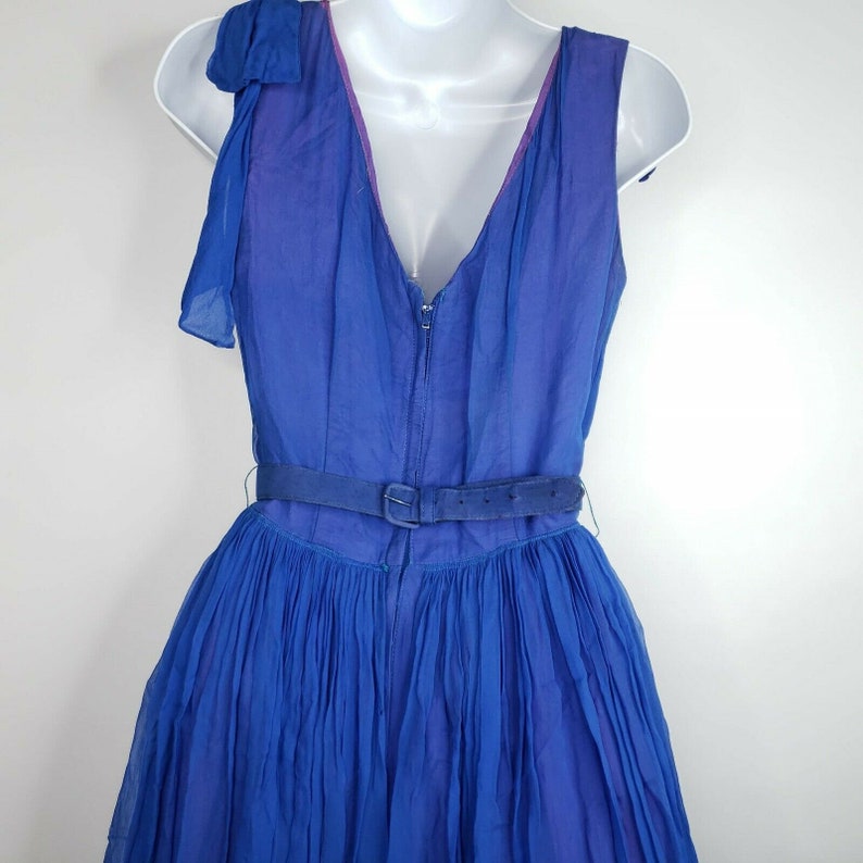 Vintage 50s RK Originals Blue Chiffon Overlay Dress S Shoulder Bow Belted Bling