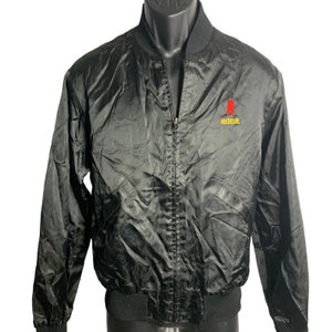 Chaqueta bomber vintage Michelob Beer de satén de los años 80, talla M, negra, con bolsillos con cremallera completa