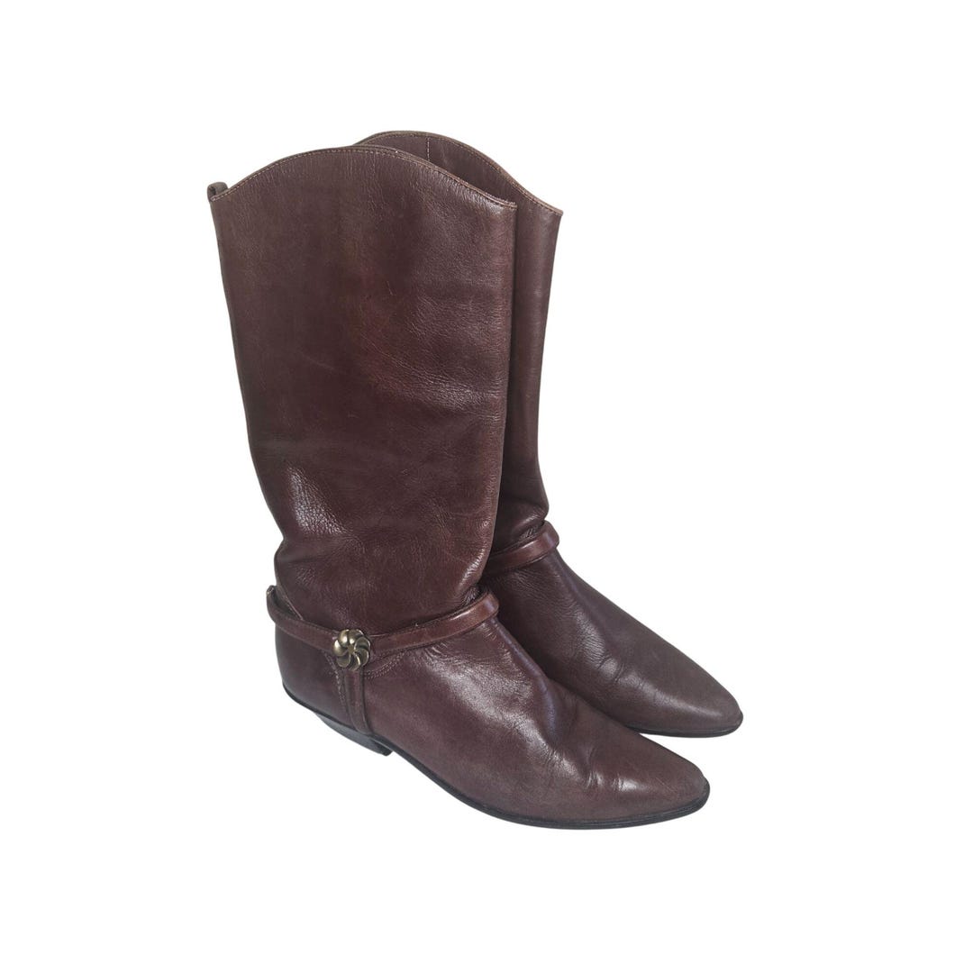 Vintage 80s Scruples Brown Leather Mid-calf Boots Brass Buckle Womens 8 ...