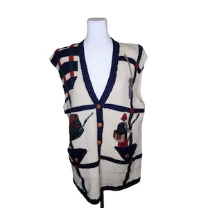 Vintage 90s Berek Hand Knit Fishing Sweater Vest Womens XL White Blue Novelty