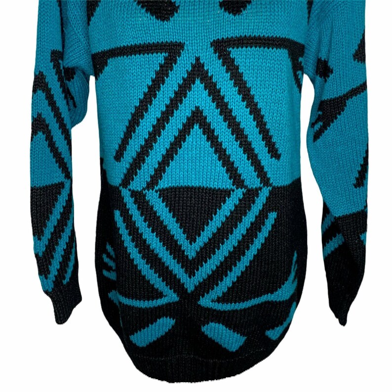 Vintage Mock Neck Chunky Knit Sweater S Blue Black Oversized Tunic Shoulder Pads