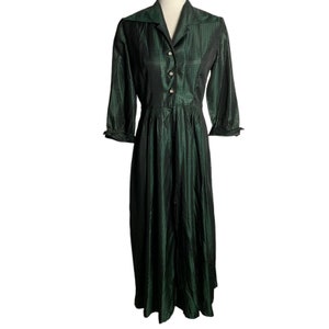 Vintage 50s Polka Dot Jacquard Shirt Dress S Green 3/4 Sleeve Rhinestone Buttons