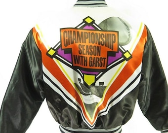 Vintage 80s Baseball Bomber Jacket L Grey Satin Garst Championship Snap Front