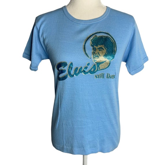 Vintage 70s Elvis Glitter Iron On T Shirt S Blue … - image 2