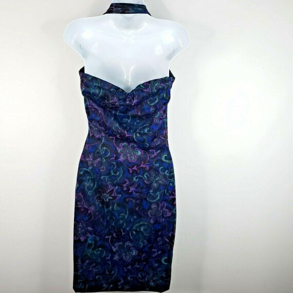 Vintage Floral Halter Wiggle Dress S Black Blue P… - image 4