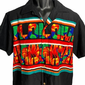 Vintage Hawaiian Button Down Shirt L Black Aloha Floral Spell Out Short Sleeves