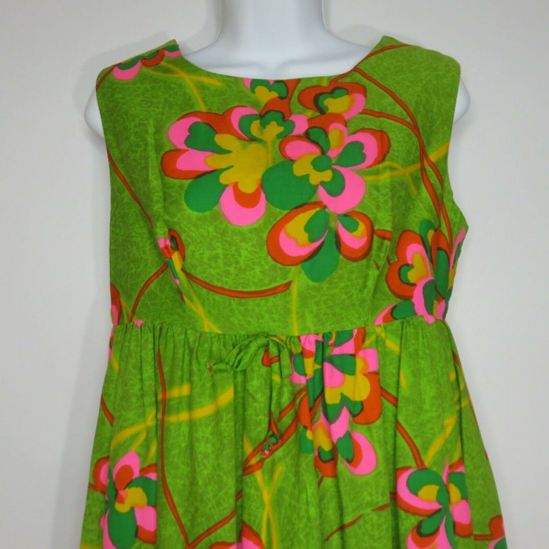 Vtg 60s Sun Fashions Casual Aire Green Psychedelic Floral Hawaiian Maxi Dress M