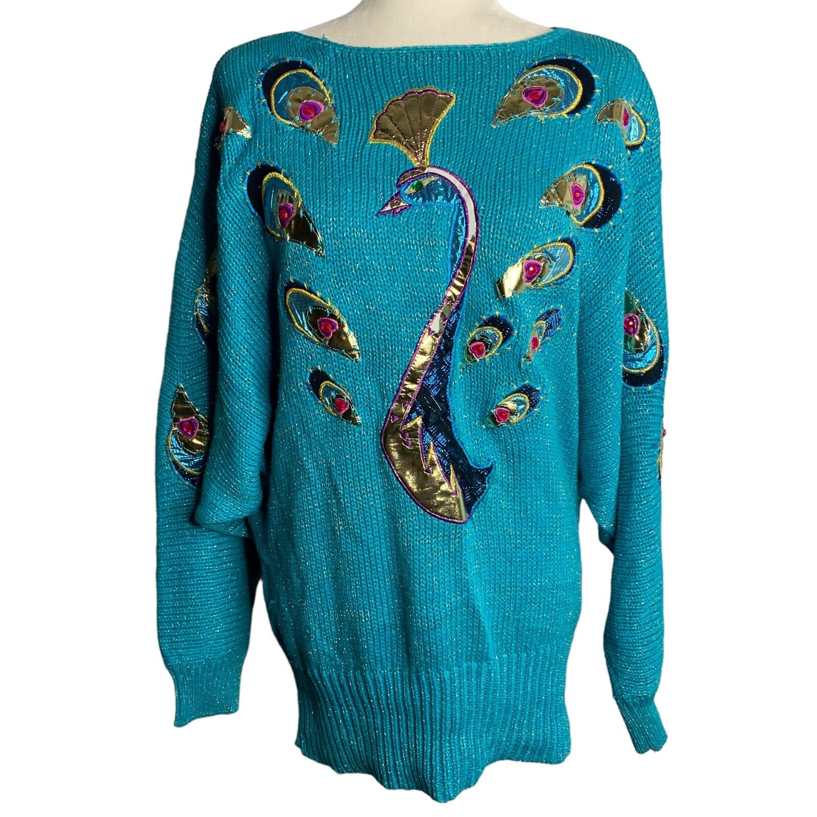 Vintage 80s Peacock Sweater M Turquoise Blue Metallic Dolman 
