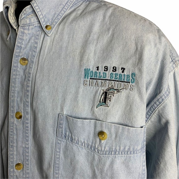 Vintage 90s Lee Florida Marlins Denim Shirt XL Li… - image 3