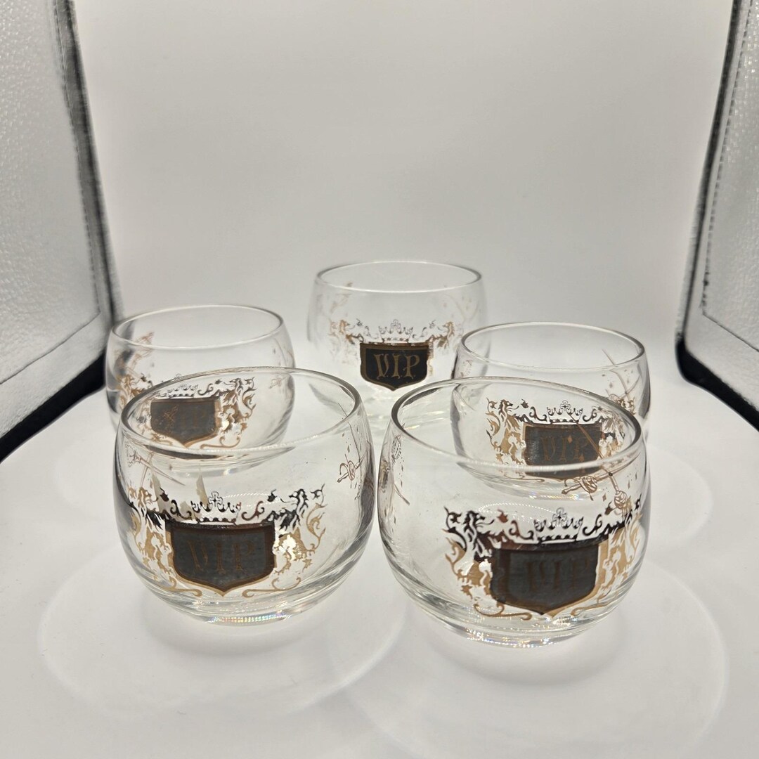 Glass Set Vip Vintage MCM VIP Roly Poly Cocktail Glasses Set Barware Black Gold - Etsy