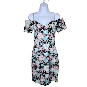 Vintage 80s Body Con Off The Shoulder Mini Dress Womens Size S Black Floral Stretch