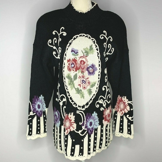 Vintage Knit Pullover Sweater L Black Floral Beade